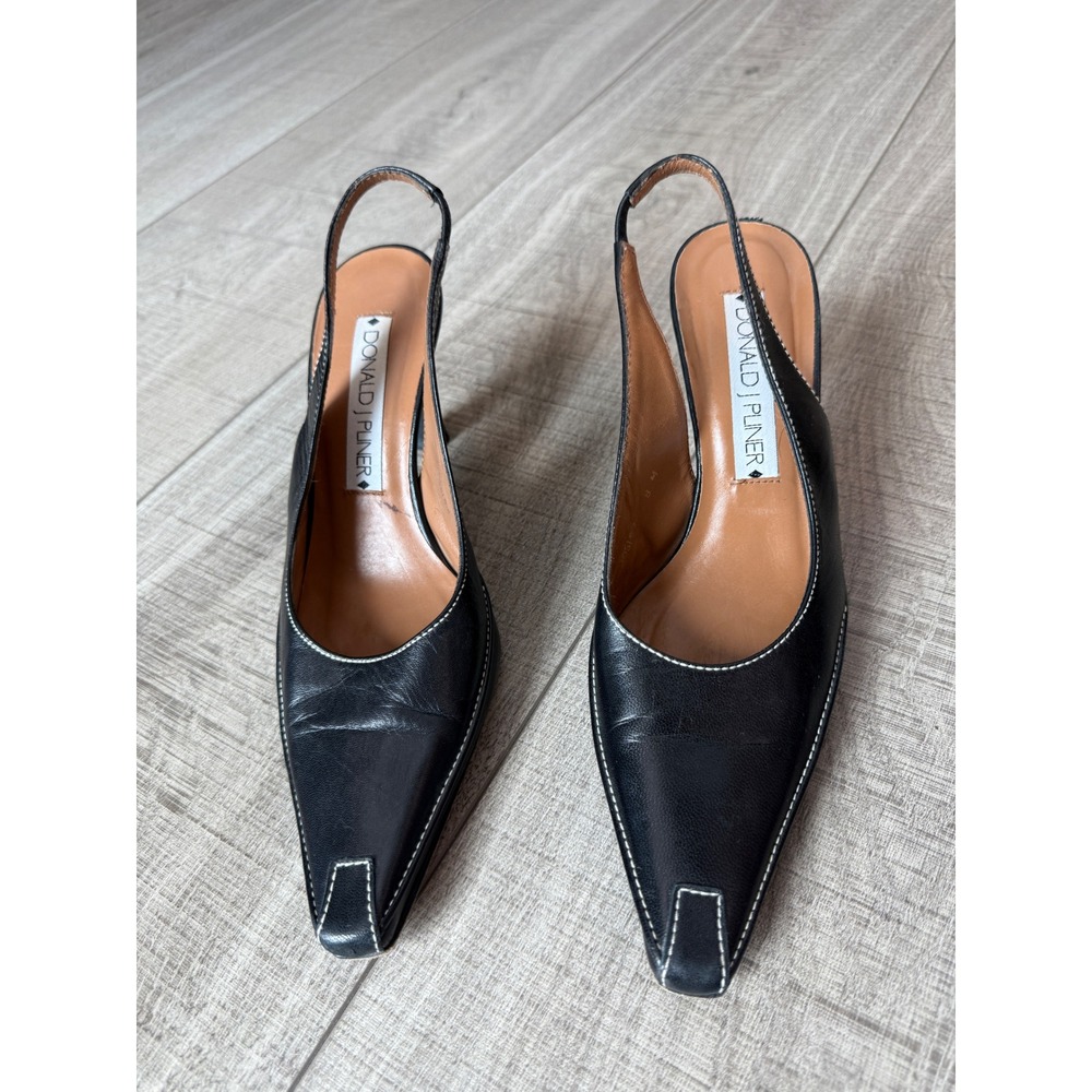Vintage Donald J Pliner Black Leather Square Toe Slingback Heels 8M Spain
